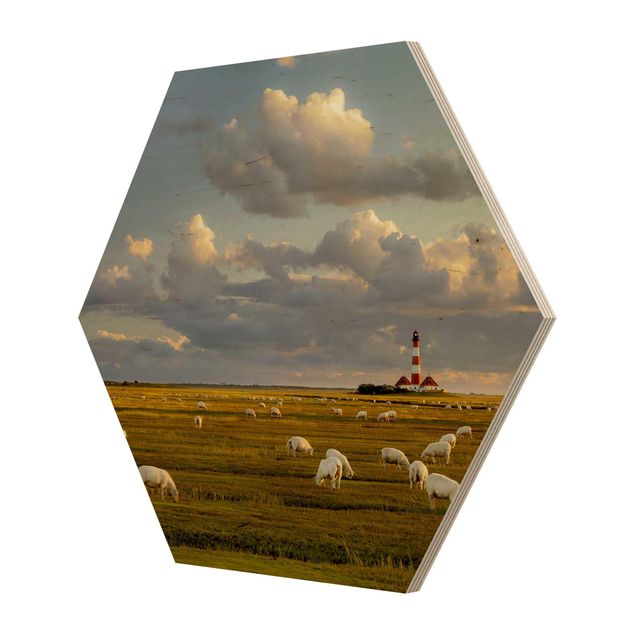 Wood photo prints North Sea Lighthouse With Flock Of Sheep