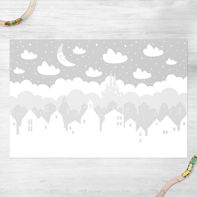 Outdoor rugs Starry Sky With Houses And Moon In Grey