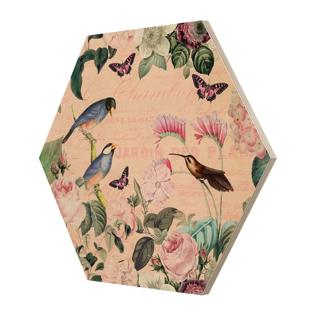 Prints pink Vintage Collage - Roses And Birds
