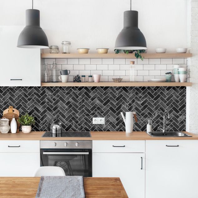 Kitchen splashback tiles Marble Fish Bone Tiles - Black