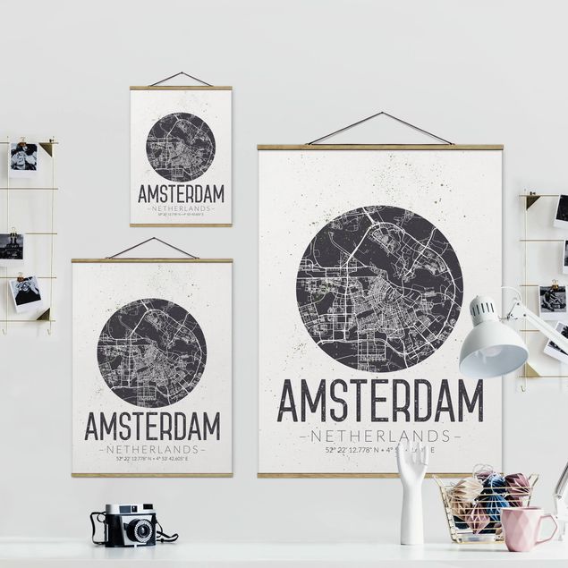 Grey canvas art Amsterdam City Map - Retro