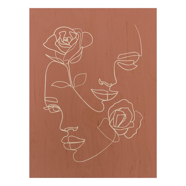 Wood prints flower Line Art Faces Women Roses Copper