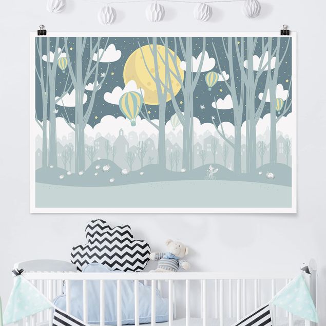 Nursery decoration Moon With Trees And Houses