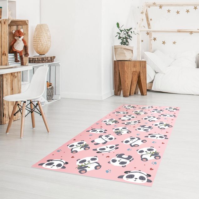 outdoor balcony rug Cute Panda With Paw Prints And Hearts Pastel Pink