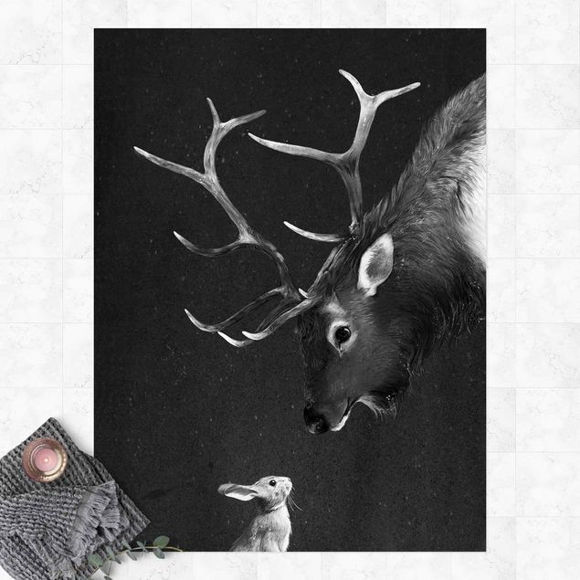 Outdoor rugs Illustration Deer And Rabbit Black And White Drawing