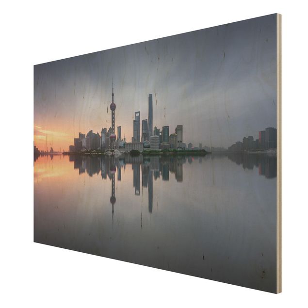 Wood photo prints Shanghai Skyline Morning Mood