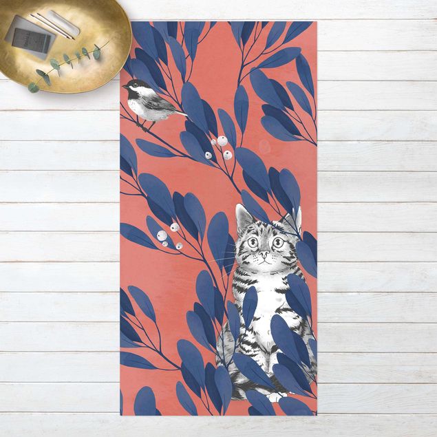 Outdoor rugs Illustration Cat and Bird On Branch Blue Red