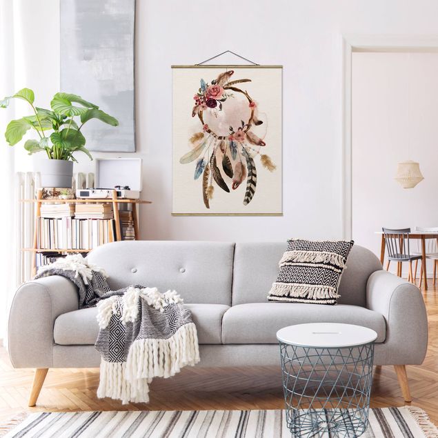 Modern art prints Dream Catcher With Roses And Feathers