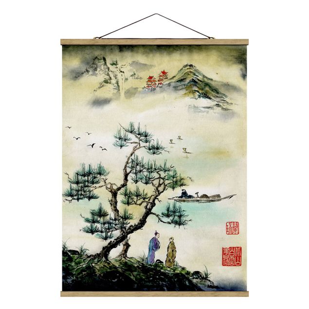 Tree print Japanese Watercolour Drawing Pine And Mountain Village