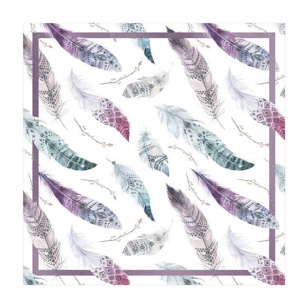 purple floor mats Boho Watercolour Feathers In Aubergine And Petrol Colour With Frame