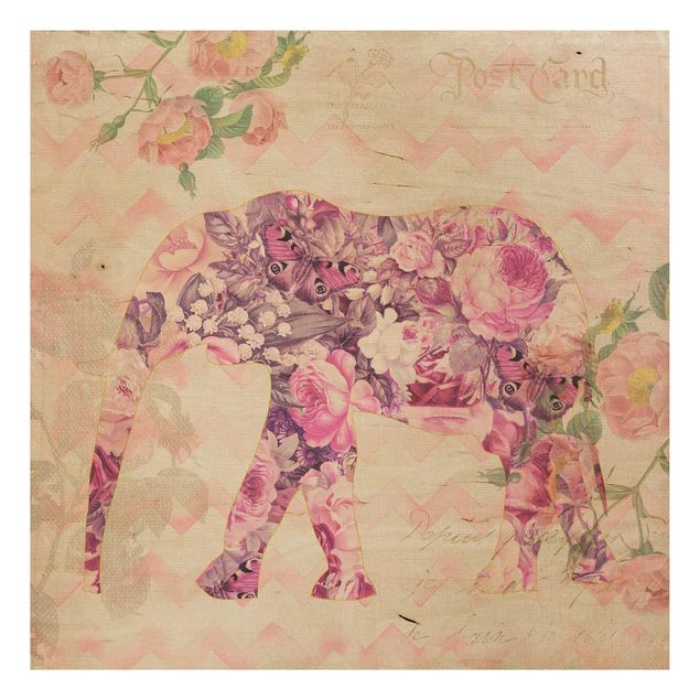 Wood prints flower Vintage Collage - Pink Flowers Elephant