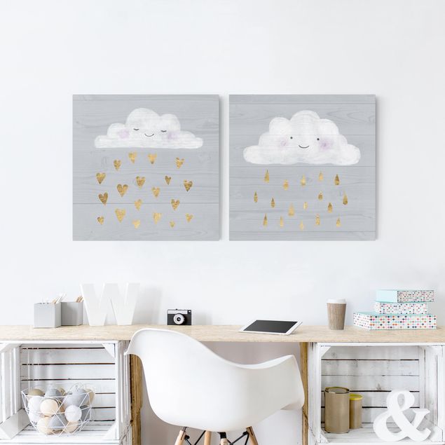 Prints nursery Clouds With Golden Heart And Drops Set I