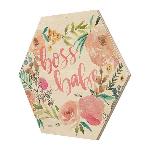 Wooden hexagon - Pink Flowers - Boss Babe