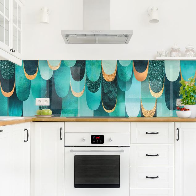Splashback abstract Feathers Gold Turquoise