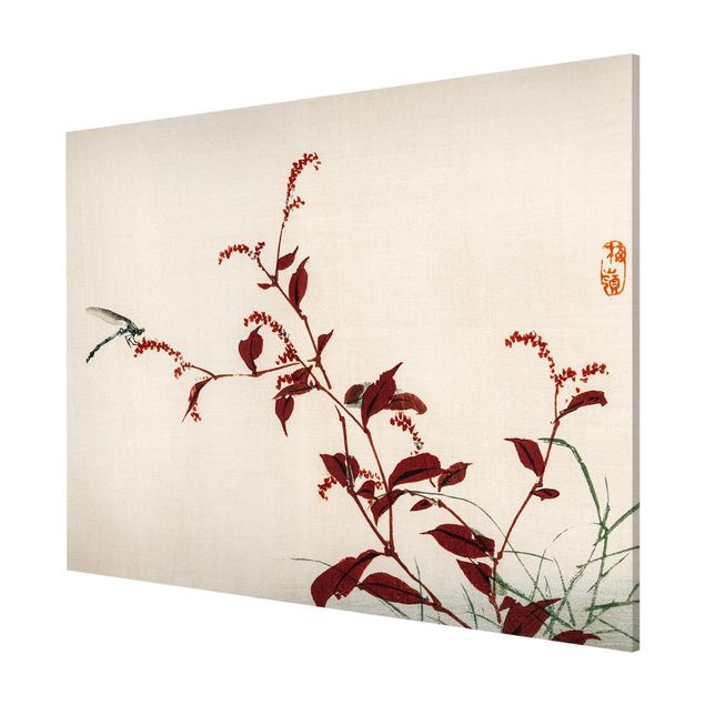 Flower print Asian Vintage Drawing Red Branch With Dragonfly