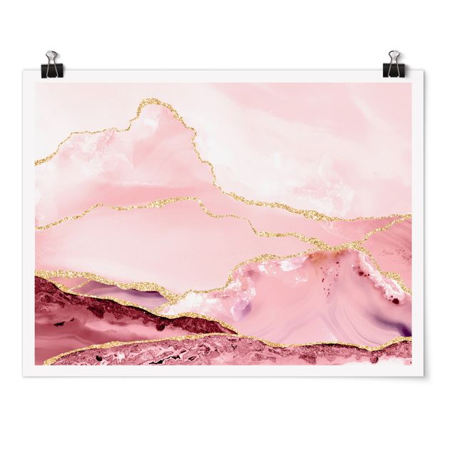 Posters art print Abstract Mountains Pink With Golden Lines