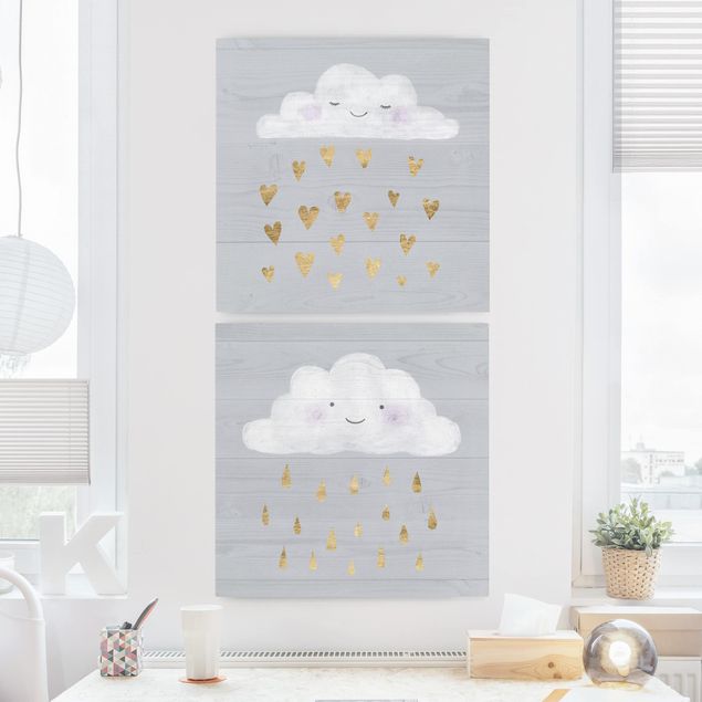 Nursery decoration Clouds With Golden Heart And Drops Set I