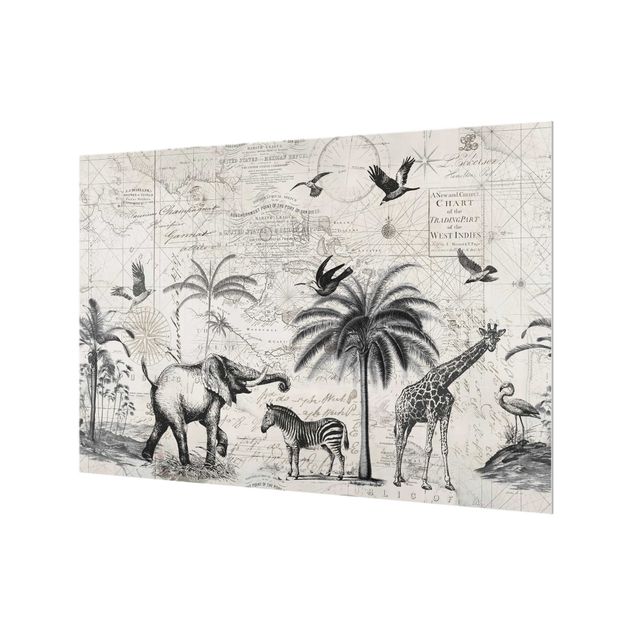 Glass splashback animals Vintage Collage - Exotic Map