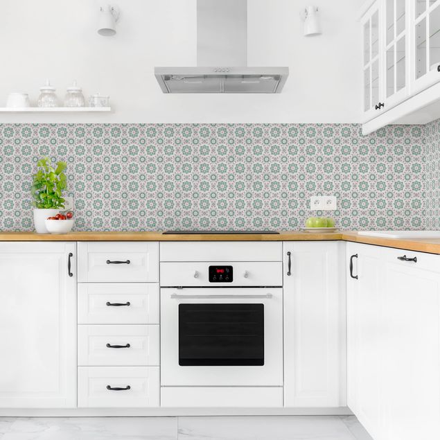 Kitchen splashback tiles Floral Tiles Turquoise Light Pink