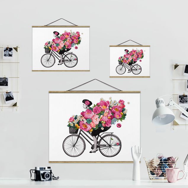 Laura Graves Art Illustration Woman On Bicycle Collage Colourful Flowers