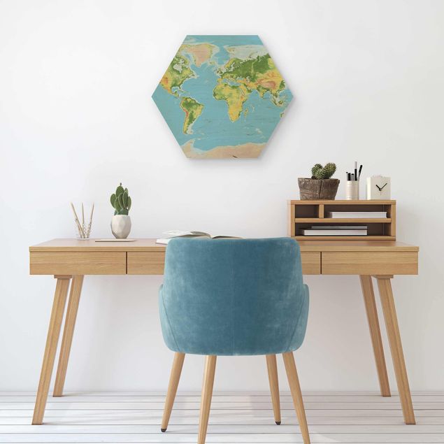 Wood prints Physical World Map