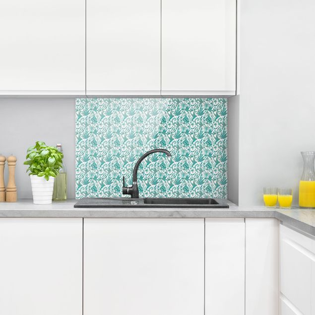 Patterned glass splashbacks Watercolour Hummingbird And Plant Silhouettes Pattern In Turquoise