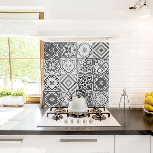Glass splashback tiles Mediterranean Tile Pattern Grayscale