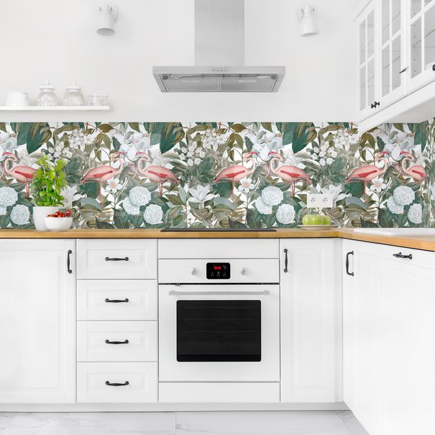 Kitchen splashback patterns Pink Flamingos With Leaves And White Flowers II