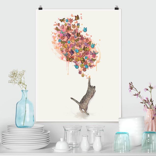 Butterfly print Illustration Cat With Colourful Butterflies Painting
