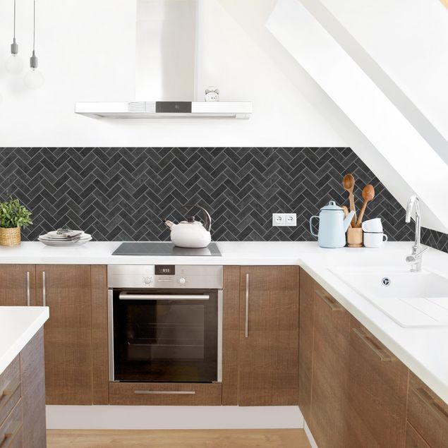 Kitchen splashback tiles Marble Fish Bone Tiles - Black Grey Joints