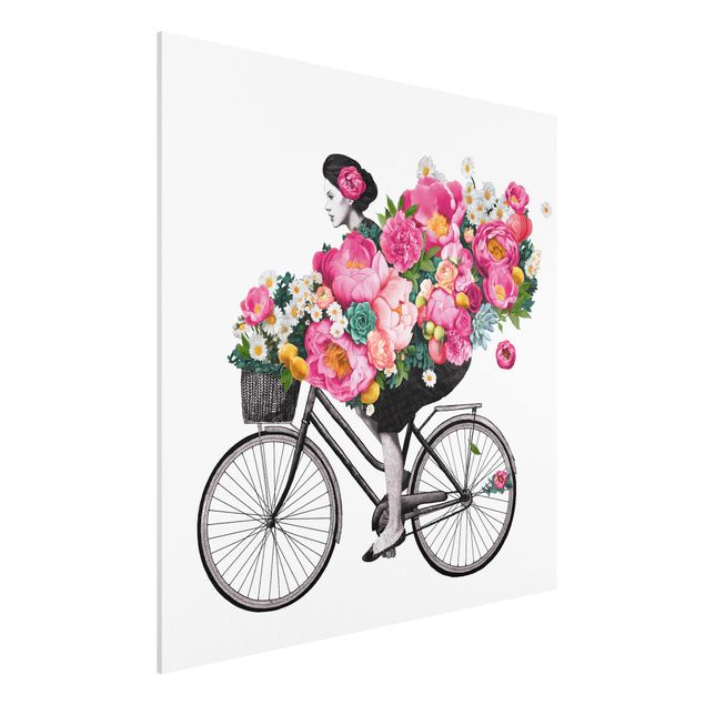 Art posters Illustration Woman On Bicycle Collage Colourful Flowers