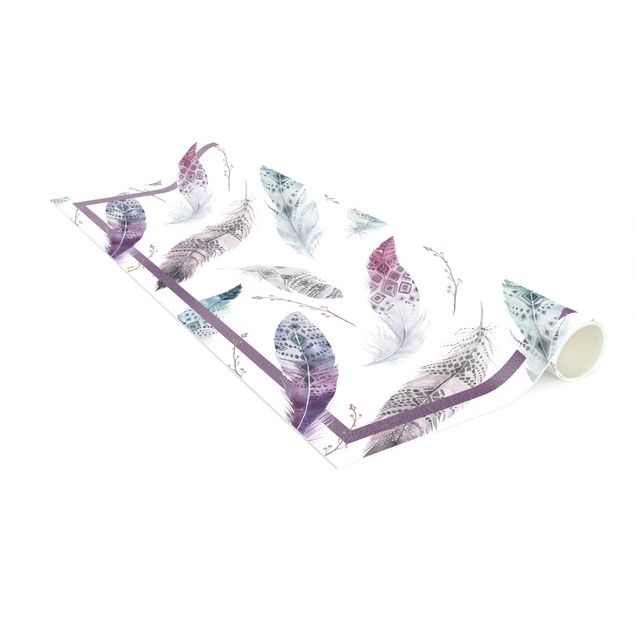 contemporary rugs Boho Watercolour Feathers In Aubergine And Petrol Colour With Frame