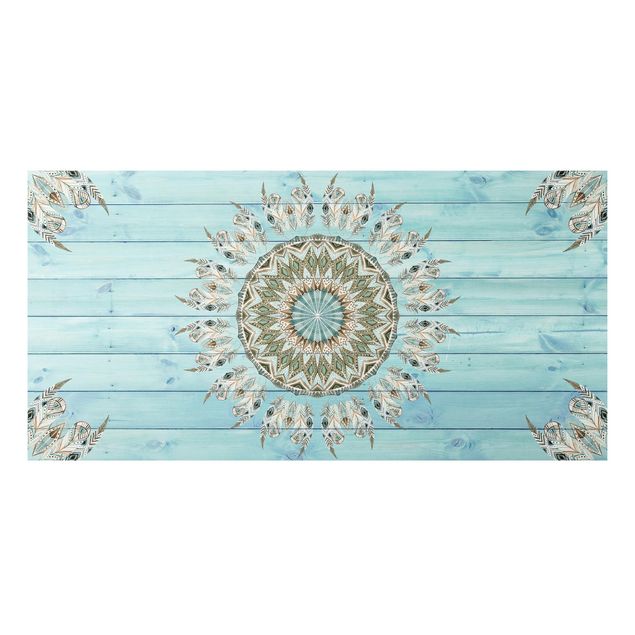 Feather canvas Mandala Watercolour Feathers Blue Green Wooden Boards
