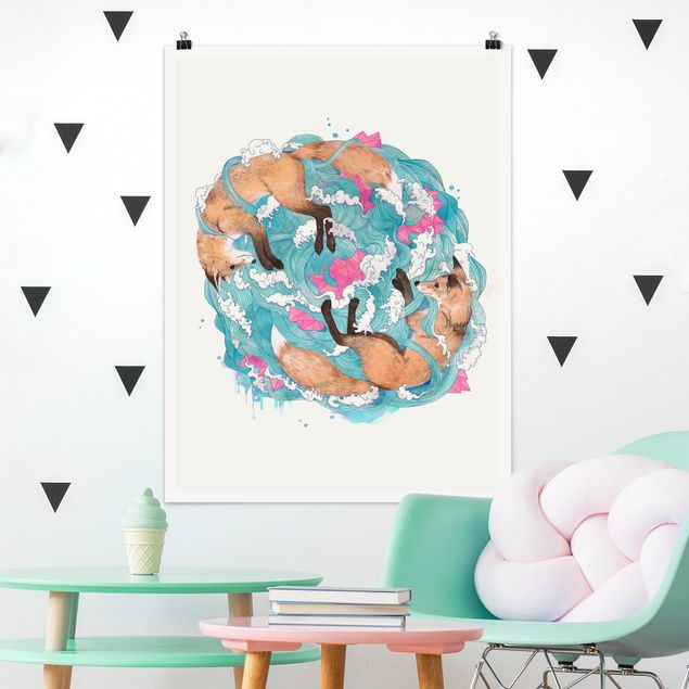 Art posters Illustration Foxes And Waves Painting