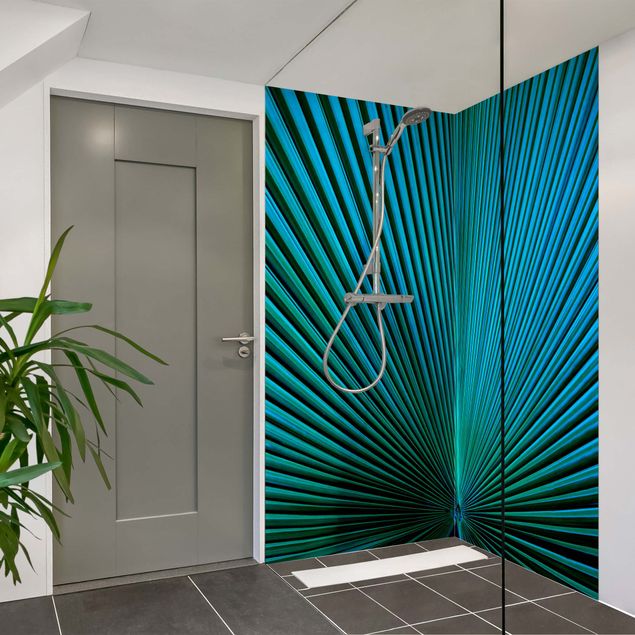 Shower wall cladding Tropical Plants Palm Leaf In Turquoise ll