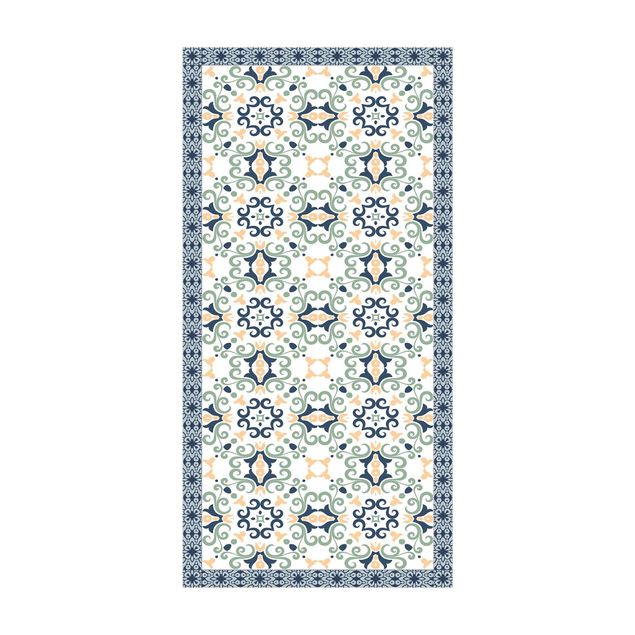 Tile rug Floral Tiles Yellowish Blue With Border