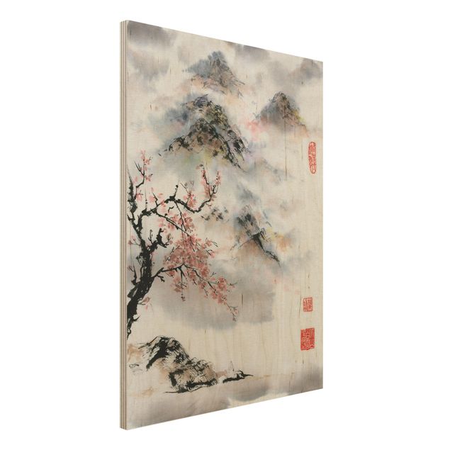 Kitchen Japanese Watercolour Drawing Cherry Tree And Mountains