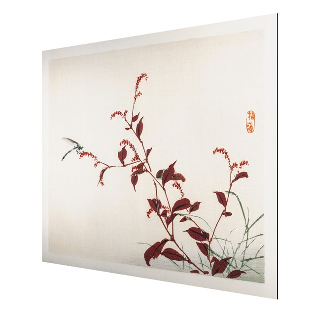 Animal canvas Asian Vintage Drawing Red Branch With Dragonfly