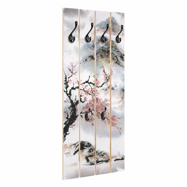 Wall coat rack Japanese Watercolour Drawing Cherry Tree And Mountains