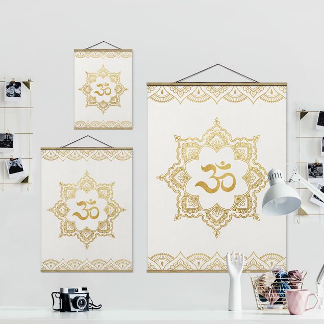 Fabric print with posters hangers Mandala OM Illustration Ornament White Gold