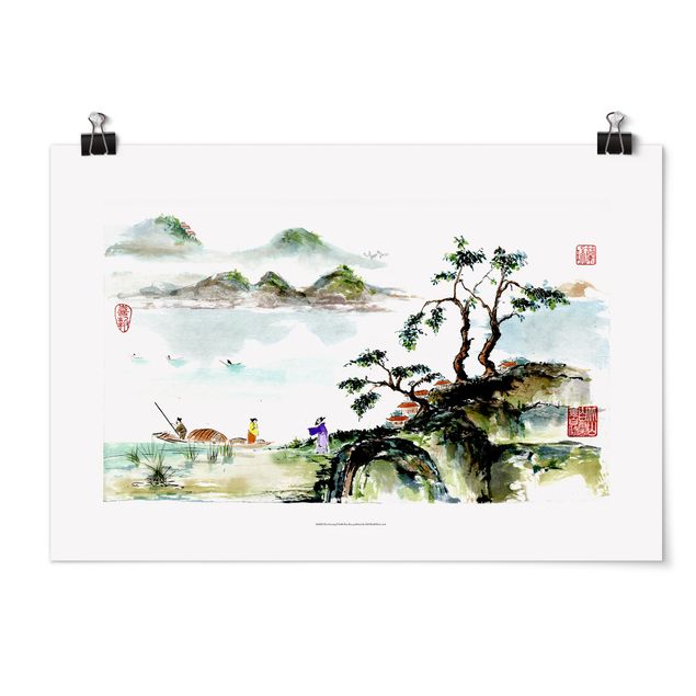 Prints vintage Japanese Watercolour Drawing Lake And Mountains