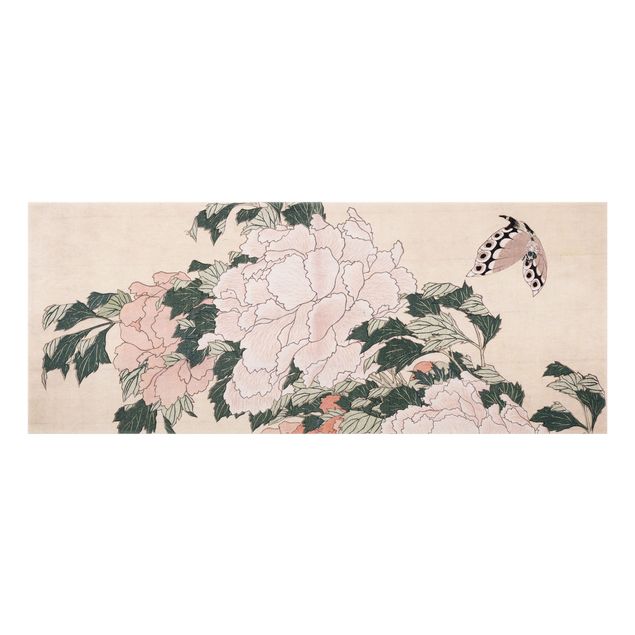 Glass splashback animals Katsushika Hokusai - Pink Peonies With Butterfly