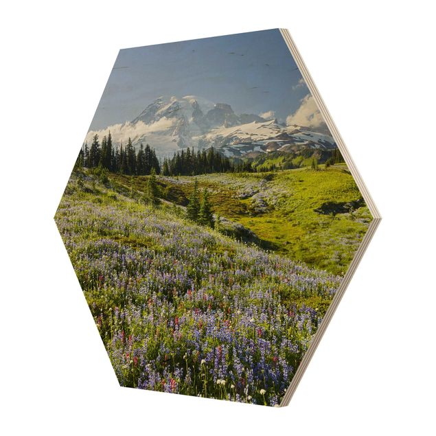 Wood prints Mountain Meadow With Red Flowers in Front of Mt. Rainier