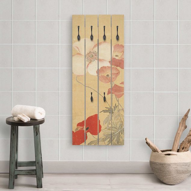 Wall mounted coat rack wood Yun Shouping - Poppy Flower