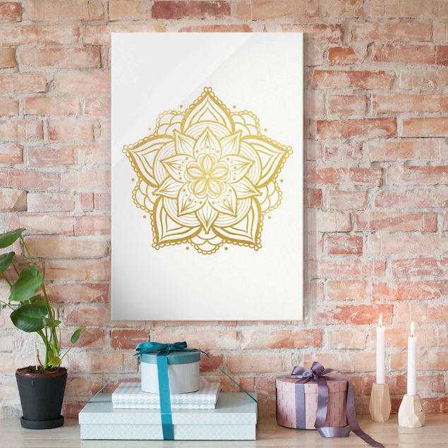 Glass prints spiritual Mandala Flower Illustration White Gold