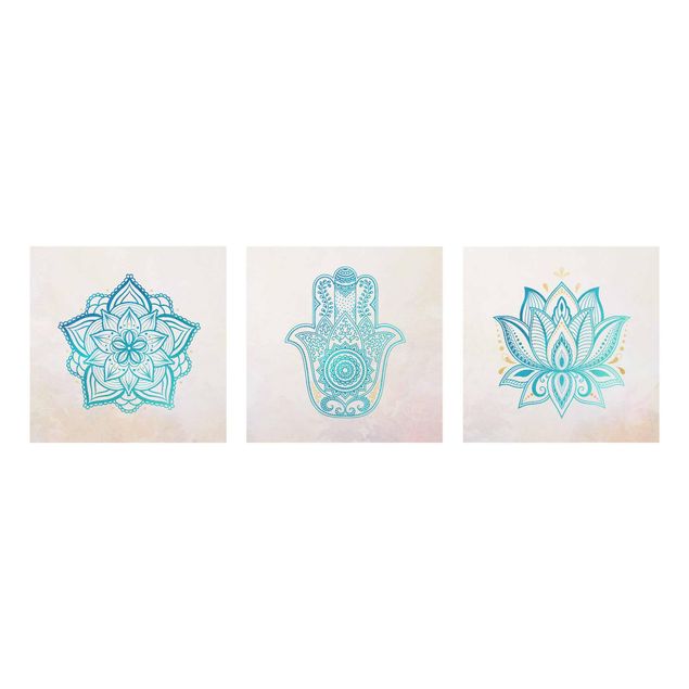 Contemporary art prints Mandala Hamsa Hand Lotus Set Gold Blue