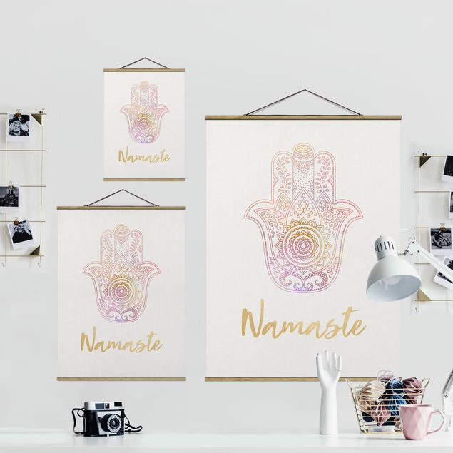 Fabric print with posters hangers Hamsa Hand Illustration Namaste Gold Light Pink