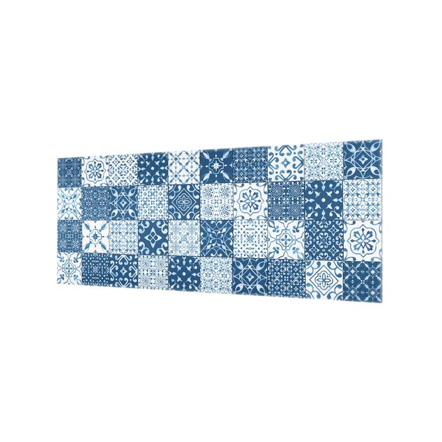 Glass Splashback - Tile Pattern Mix Blue White - Panoramic
