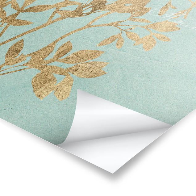 Poster print Golden Leaves On Turquoise I