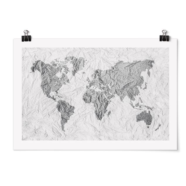 Black and white poster prints Paper World Map White Grey